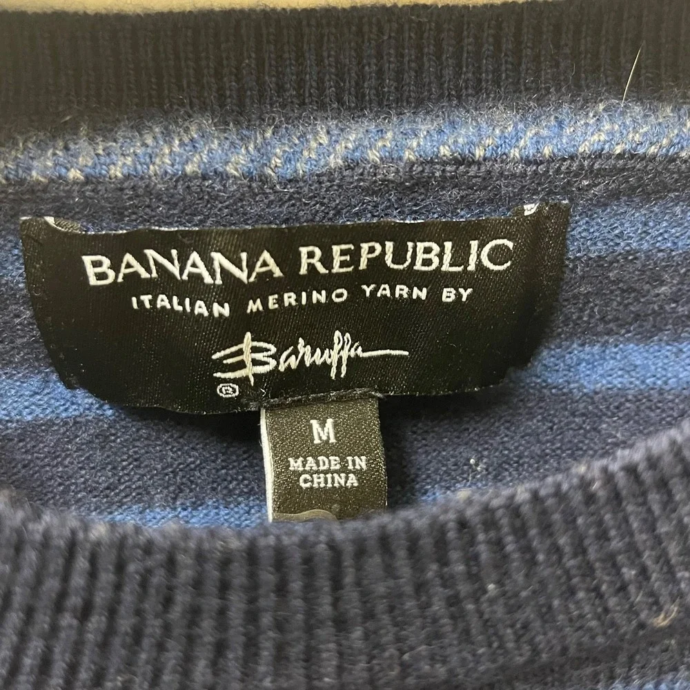 Banana Republic Baruffa Sweater Medium Blue Stripe Italian Merino Wool Crew Neck